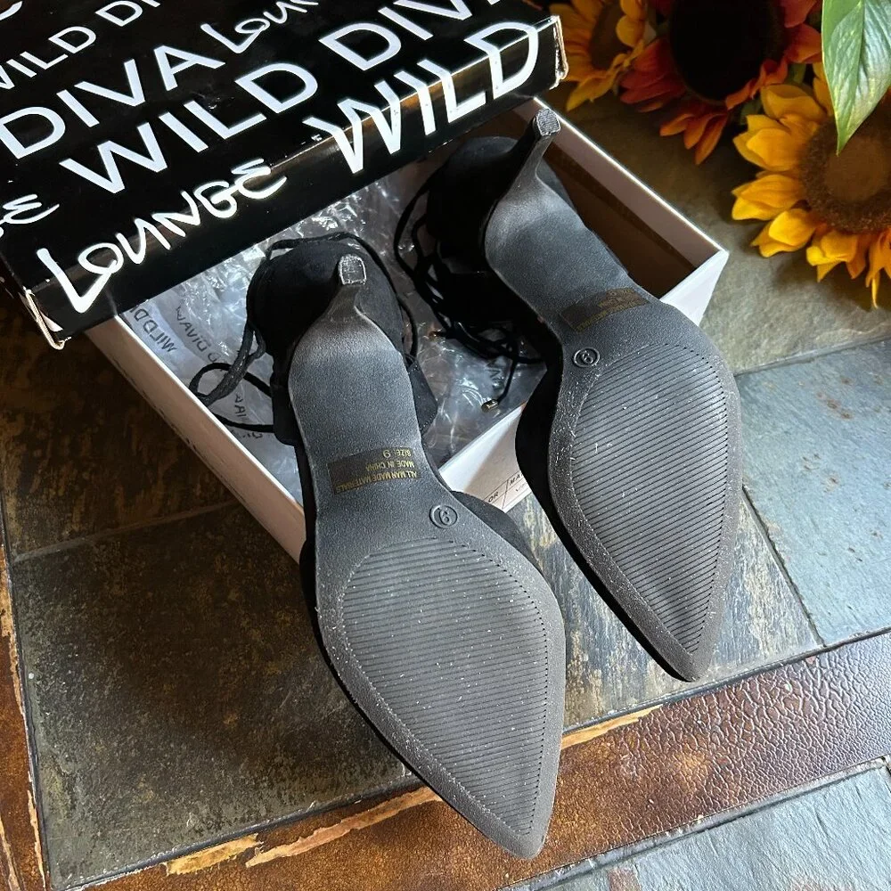 Wild Diva Lounge “Marie” Black Suede Strappy Evening Stiletto Pump